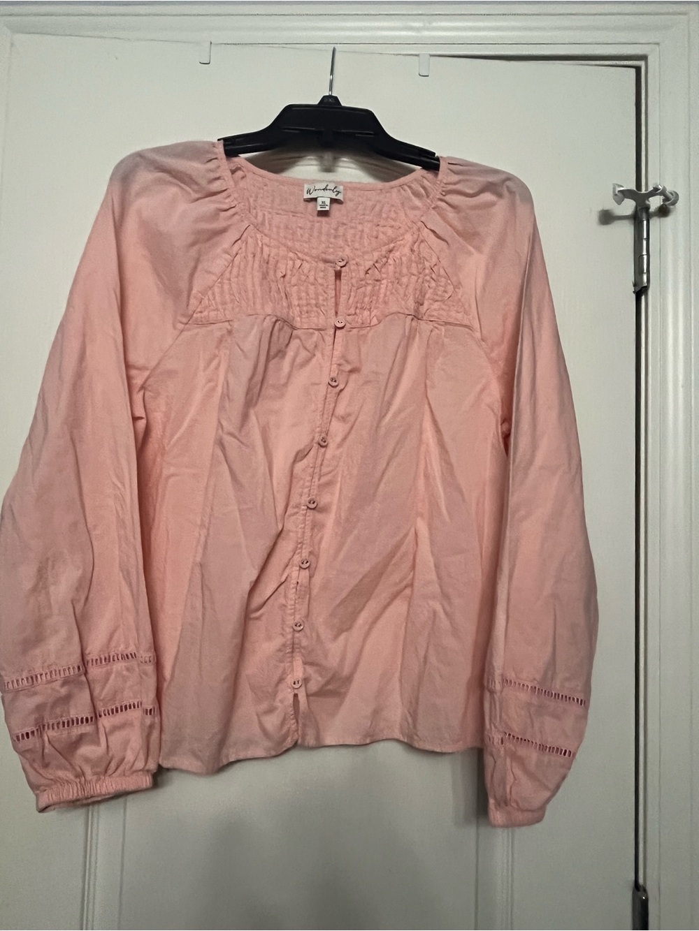 Wonderly Light Pink Smocked Button-Down Blouse